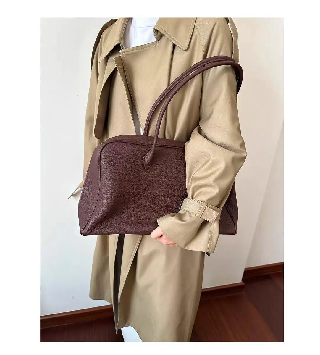 Sac cabas femme en cuir grainé, double anse, doublure coton