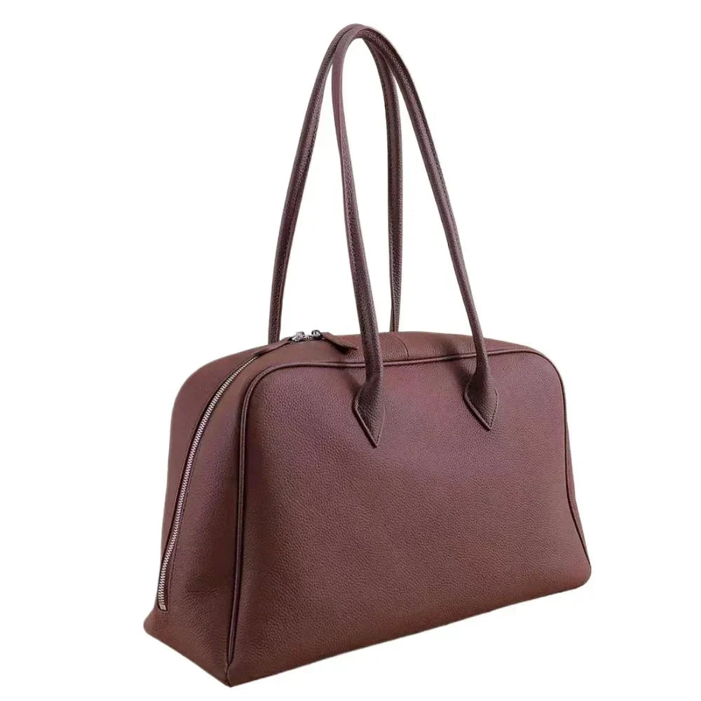 Sac cabas femme en cuir grainé, double anse, doublure coton