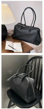 Sac cabas femme en cuir grainé, double anse, doublure coton