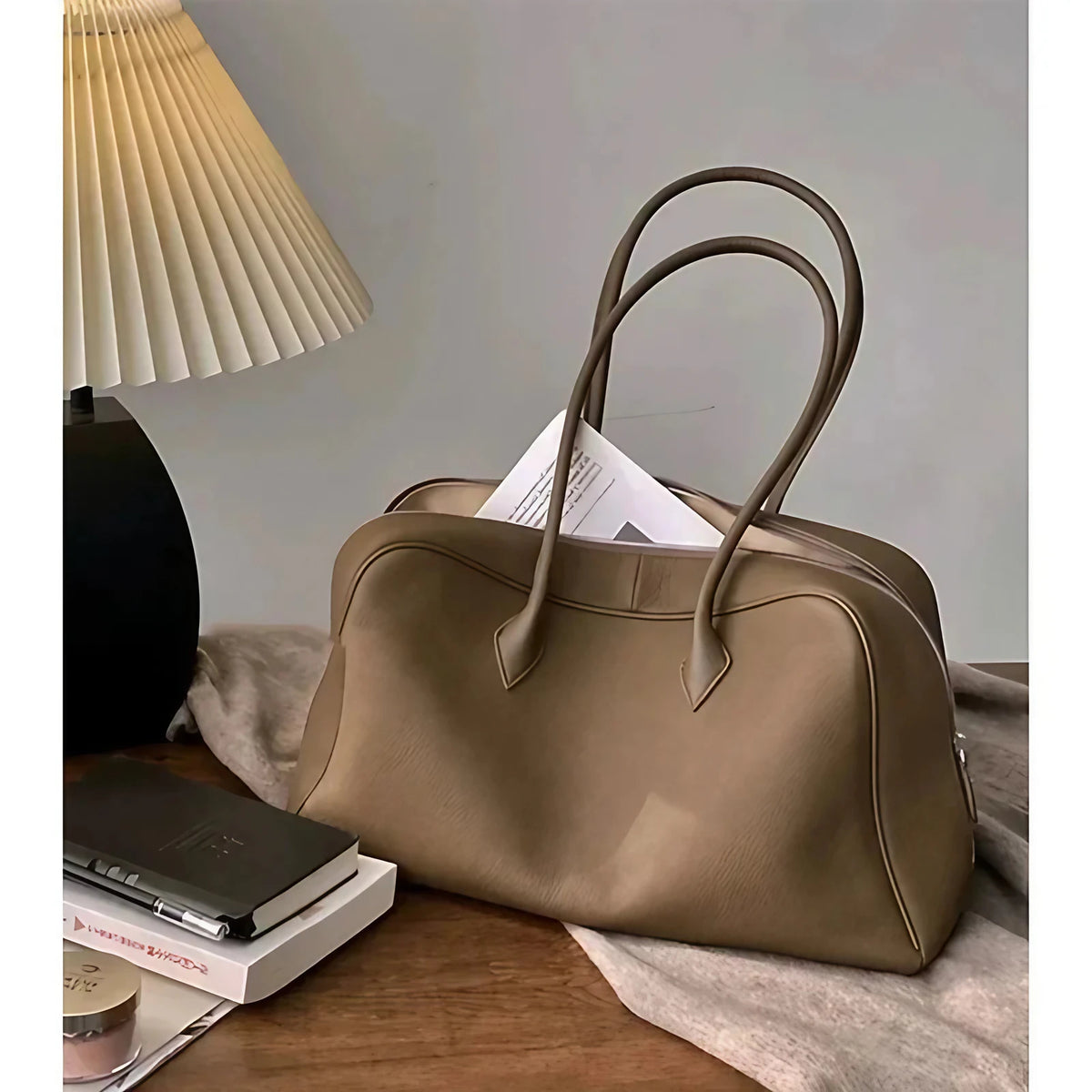 Sac cabas femme en cuir grainé, double anse, doublure coton, sable