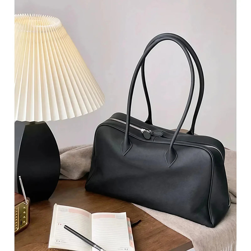 Sac cabas femme en cuir grainé, double anse, doublure coton, noir