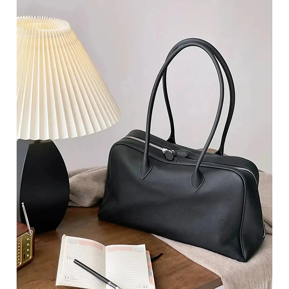 Sac cabas femme en cuir grainé, double anse, doublure coton, noir