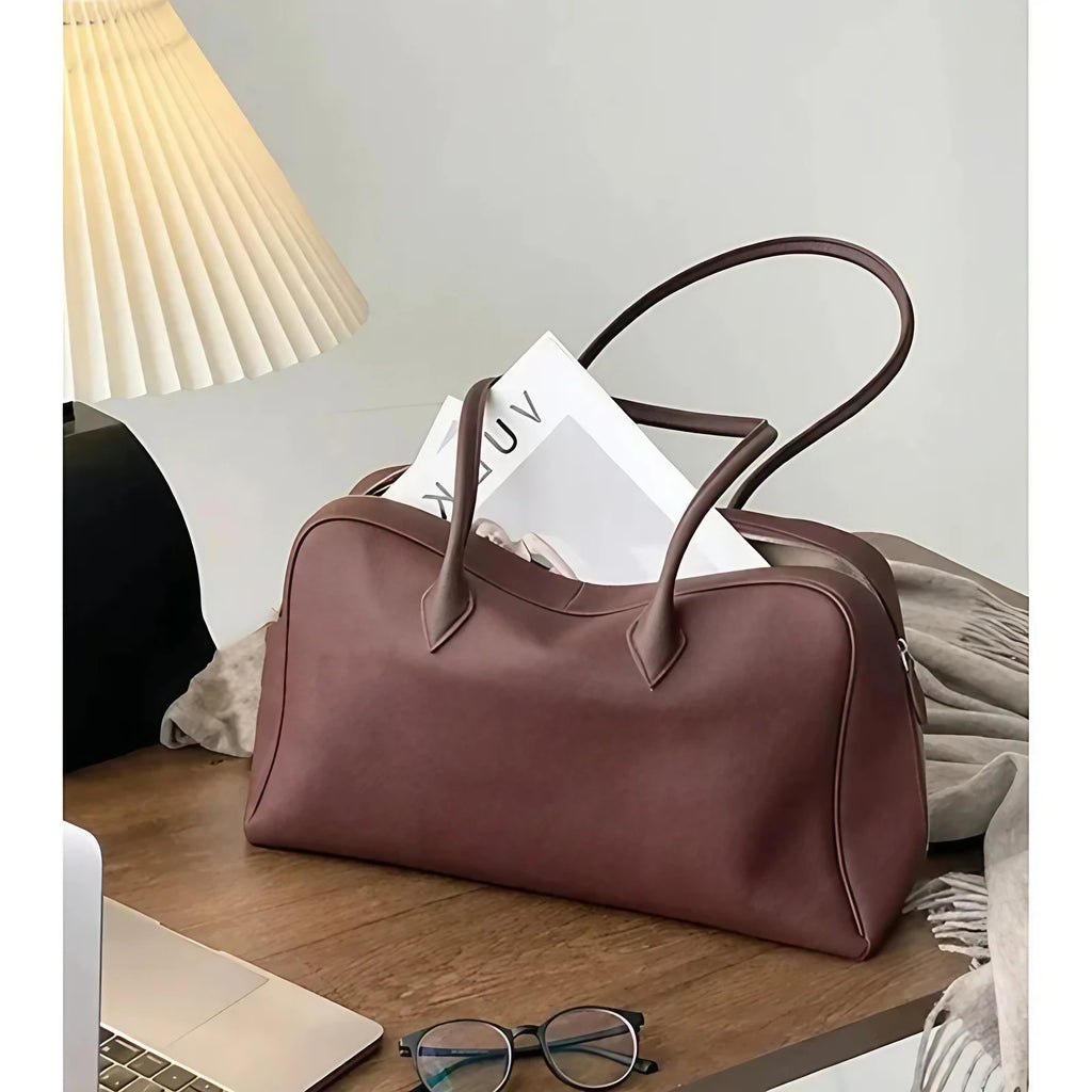 Sac cabas femme en cuir grainé, double anse, doublure coton, marron