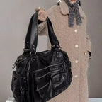 Sac cabas vintage femme noir en similicuir, bandoulière