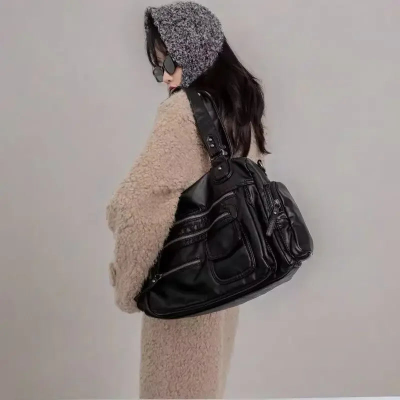 Sac cabas vintage femme noir en similicuir, bandoulière