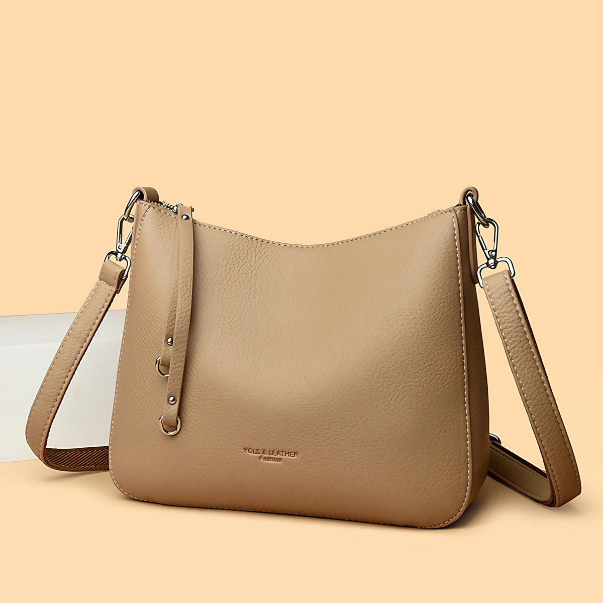 Sac bandoulière femme en similicuir grainé, anse amovible, beige