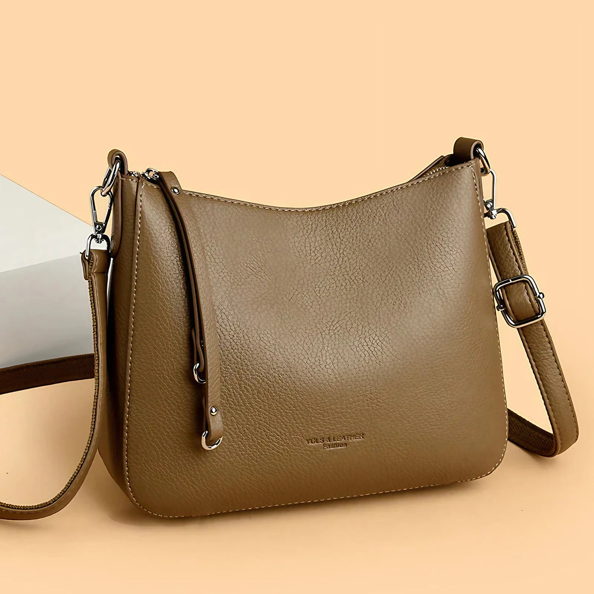 Sac bandoulière femme en similicuir grainé, anse amovible, taupe