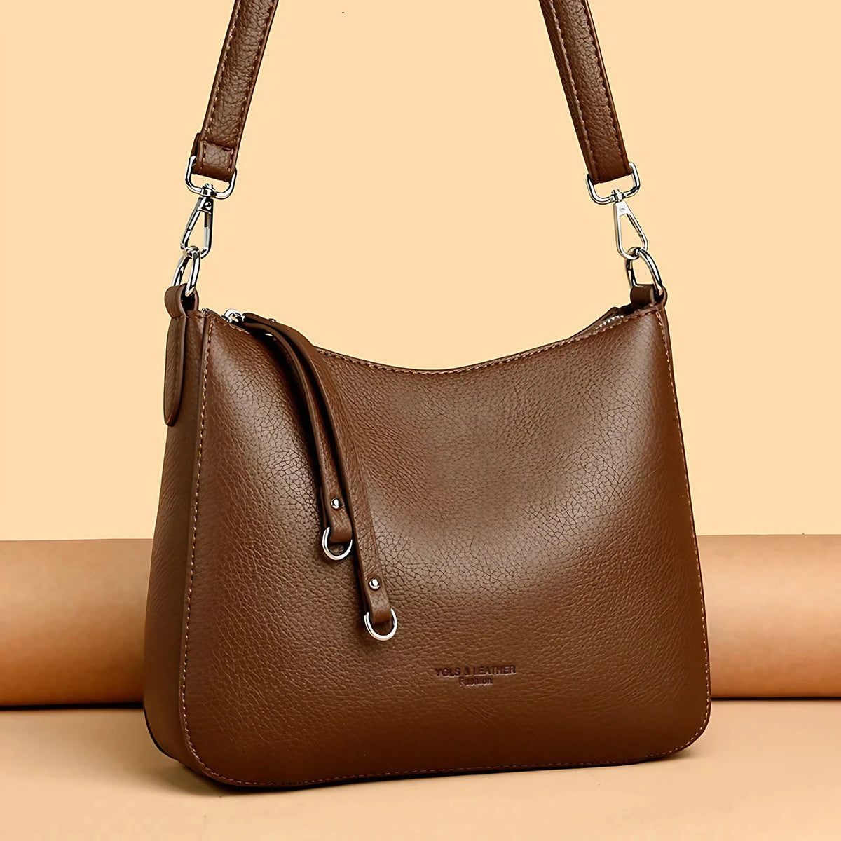 Sac bandoulière femme en similicuir grainé, anse amovible, marron