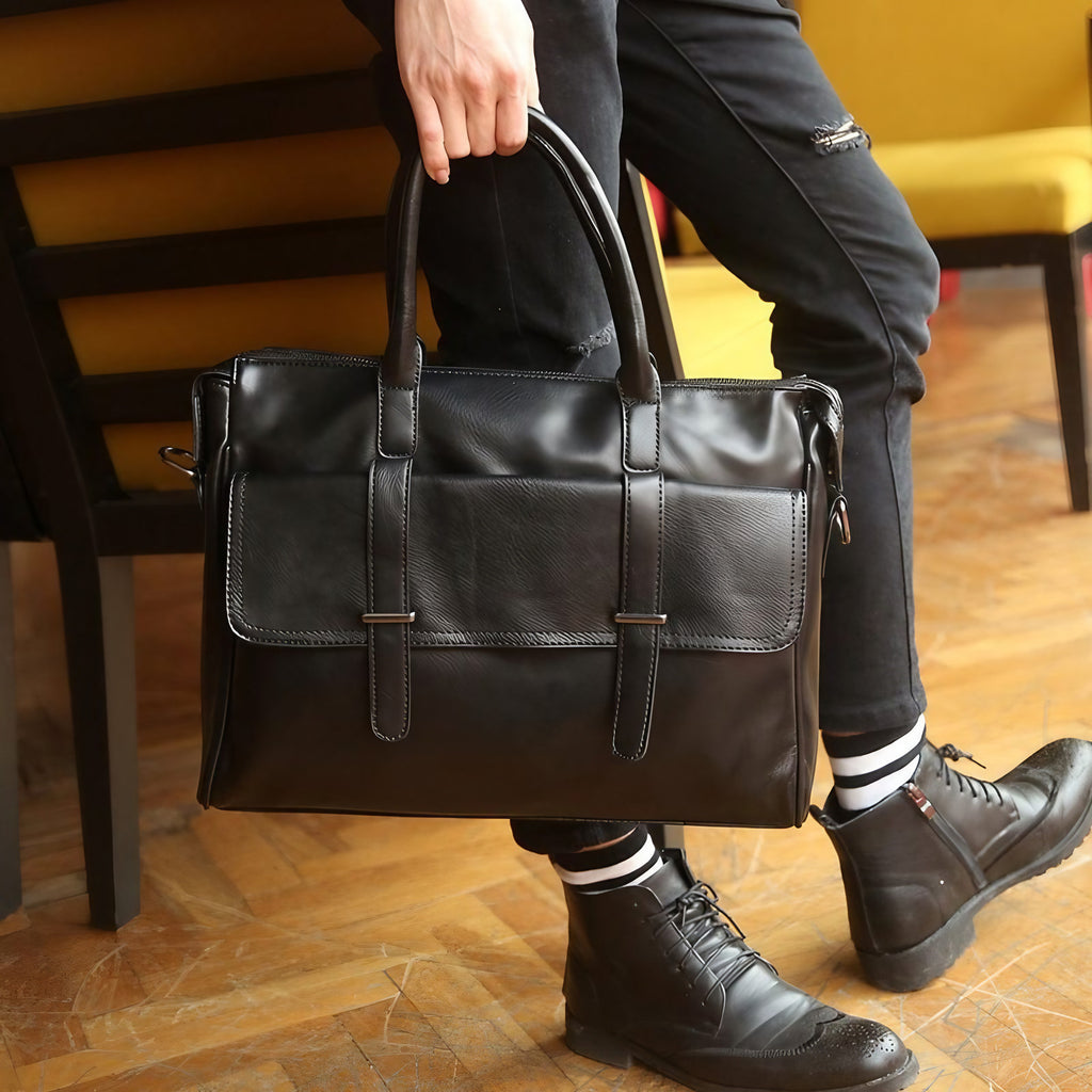 Sacoche ordinateur homme en cuir noir, fermeture éclair