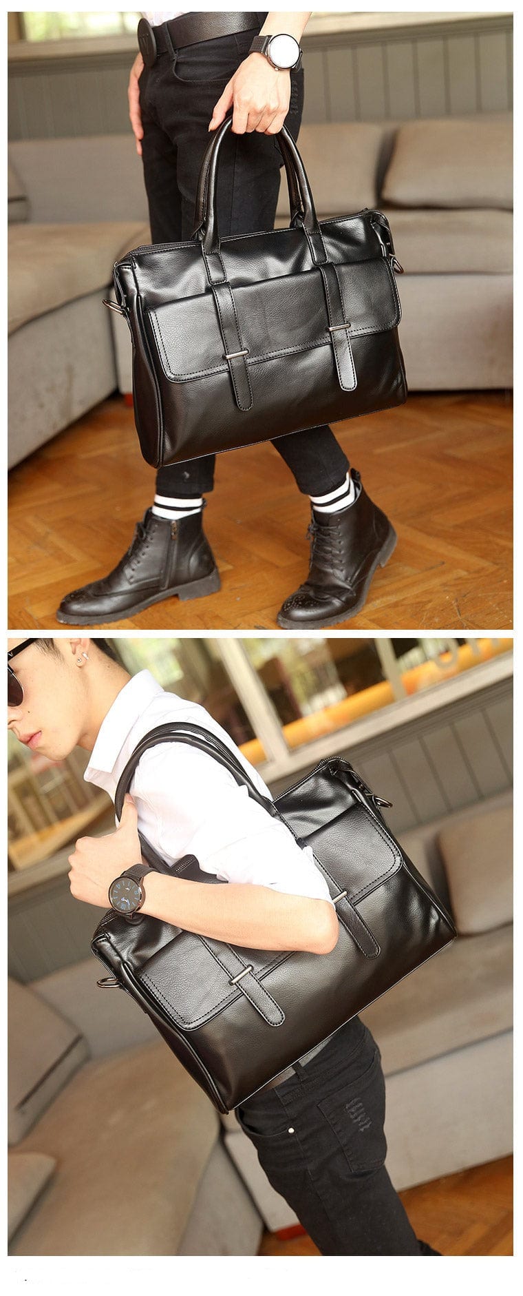 Sacoche ordinateur homme en cuir noir, fermeture éclair