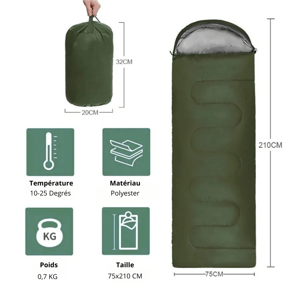 Sac de couchage léger 700 g pour le camping, 210 x 75 cm