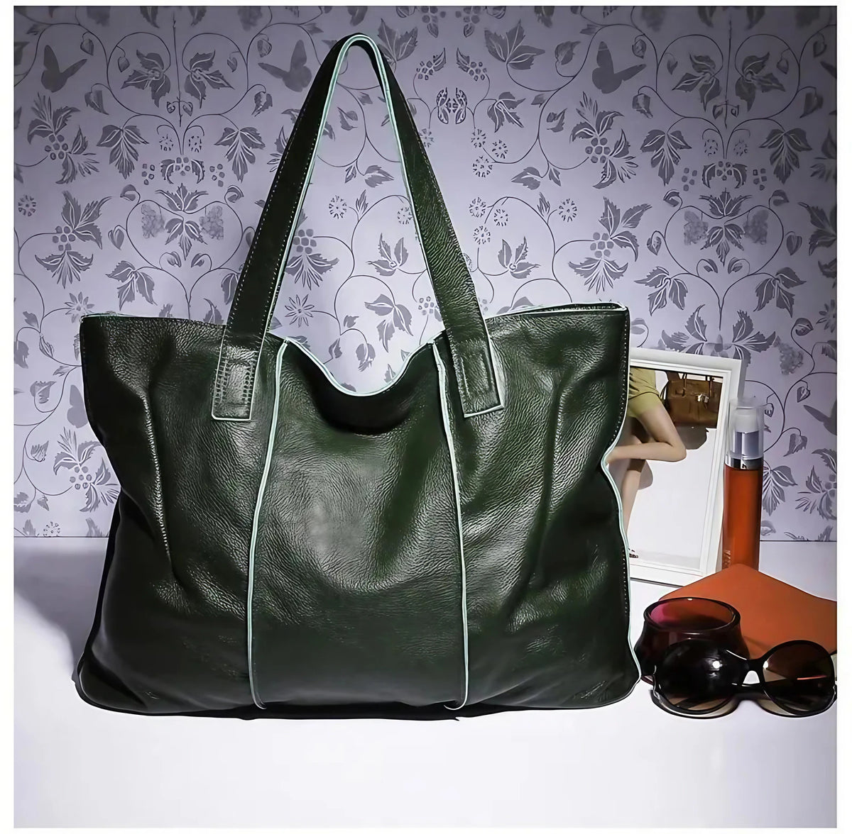 Grand sac cabas en cuir femme pour les cours, 42 x 31 cm, vert foncé
