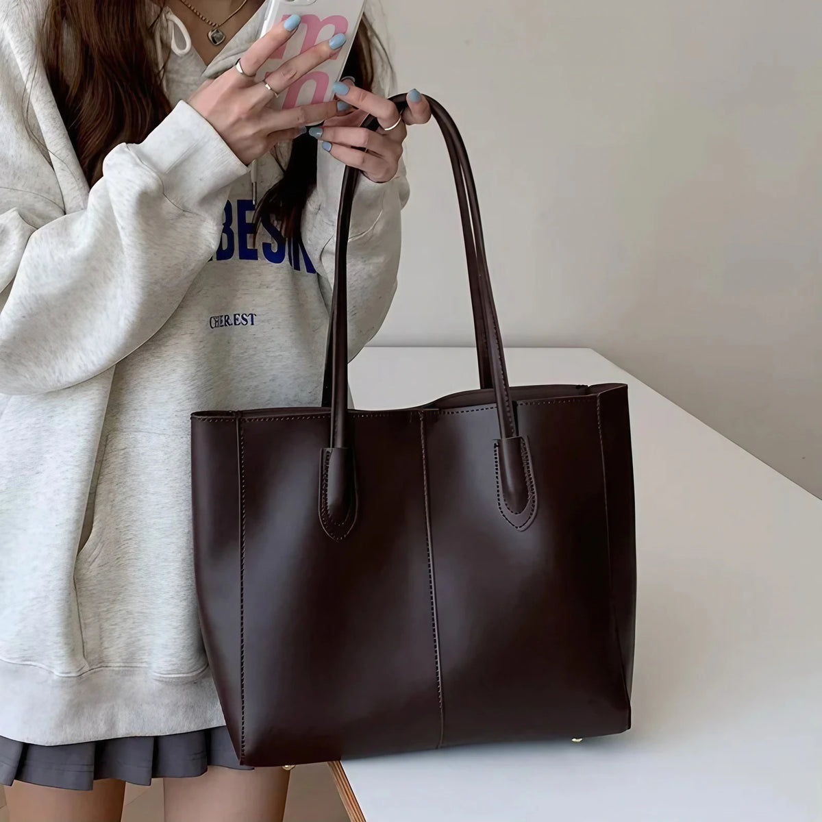 Sac de cours femme en similicuir grainé, pochette amovible