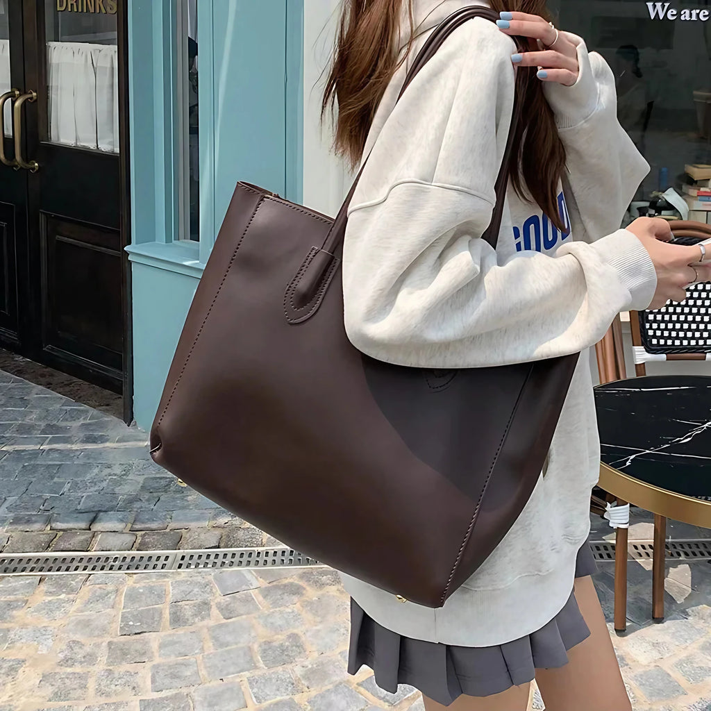 Sac de cours femme en similicuir grainé, pochette amovible, marron