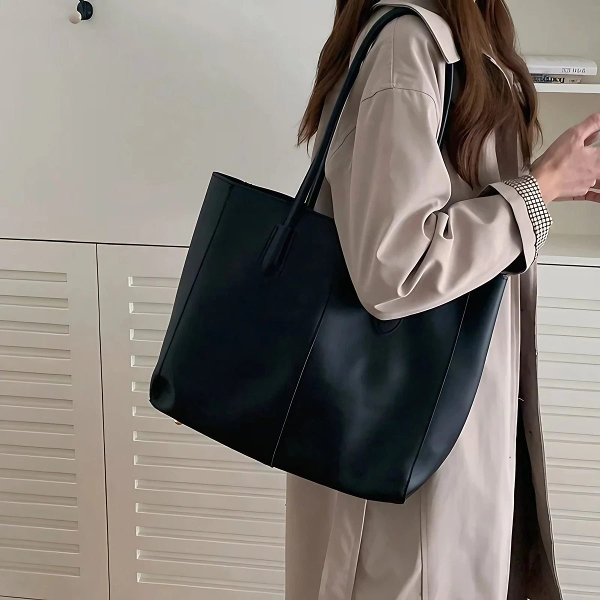 Sac de cours femme en similicuir grainé, pochette amovible, noir