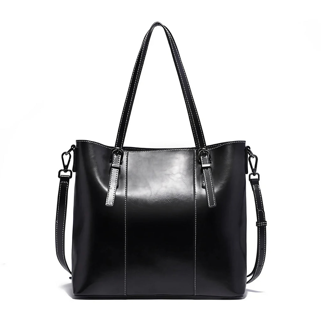 Sac cabas de cours femme en cuir, deux compartiments, noir