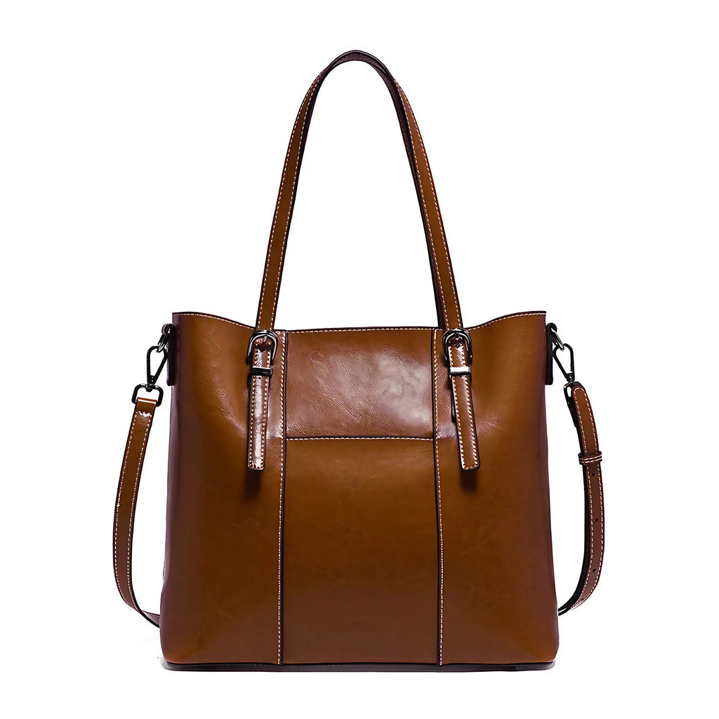 Sac cabas de cours femme en cuir, deux compartiments, marron