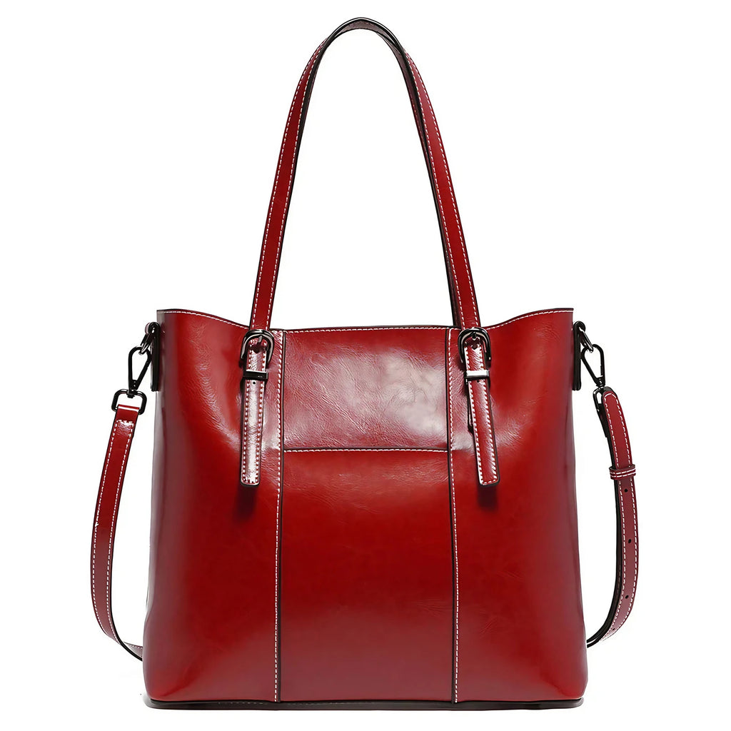 Sac cabas de cours femme en cuir, deux compartiments, rouge