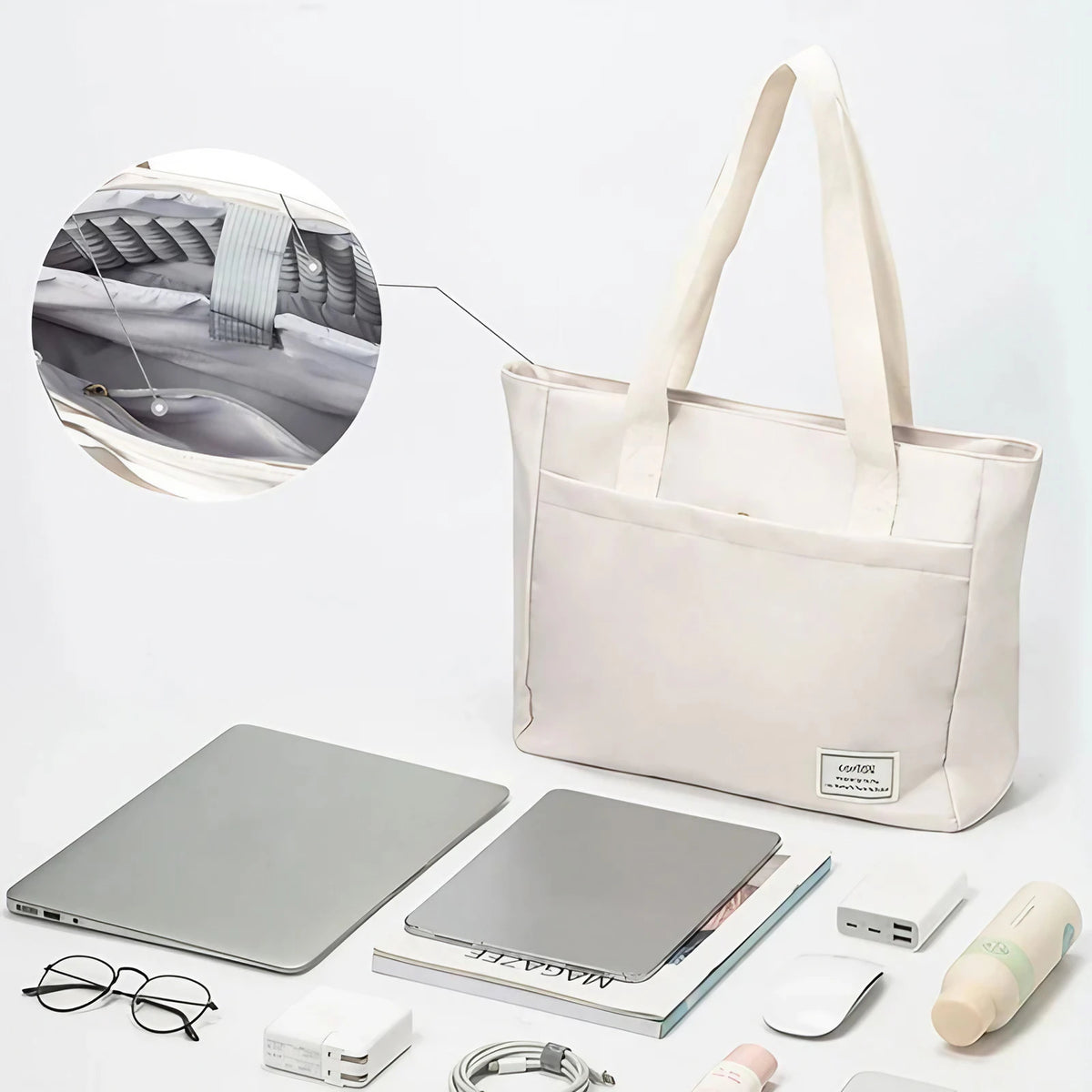 Sac de cours femme en toile, poche ordinateur matelassée