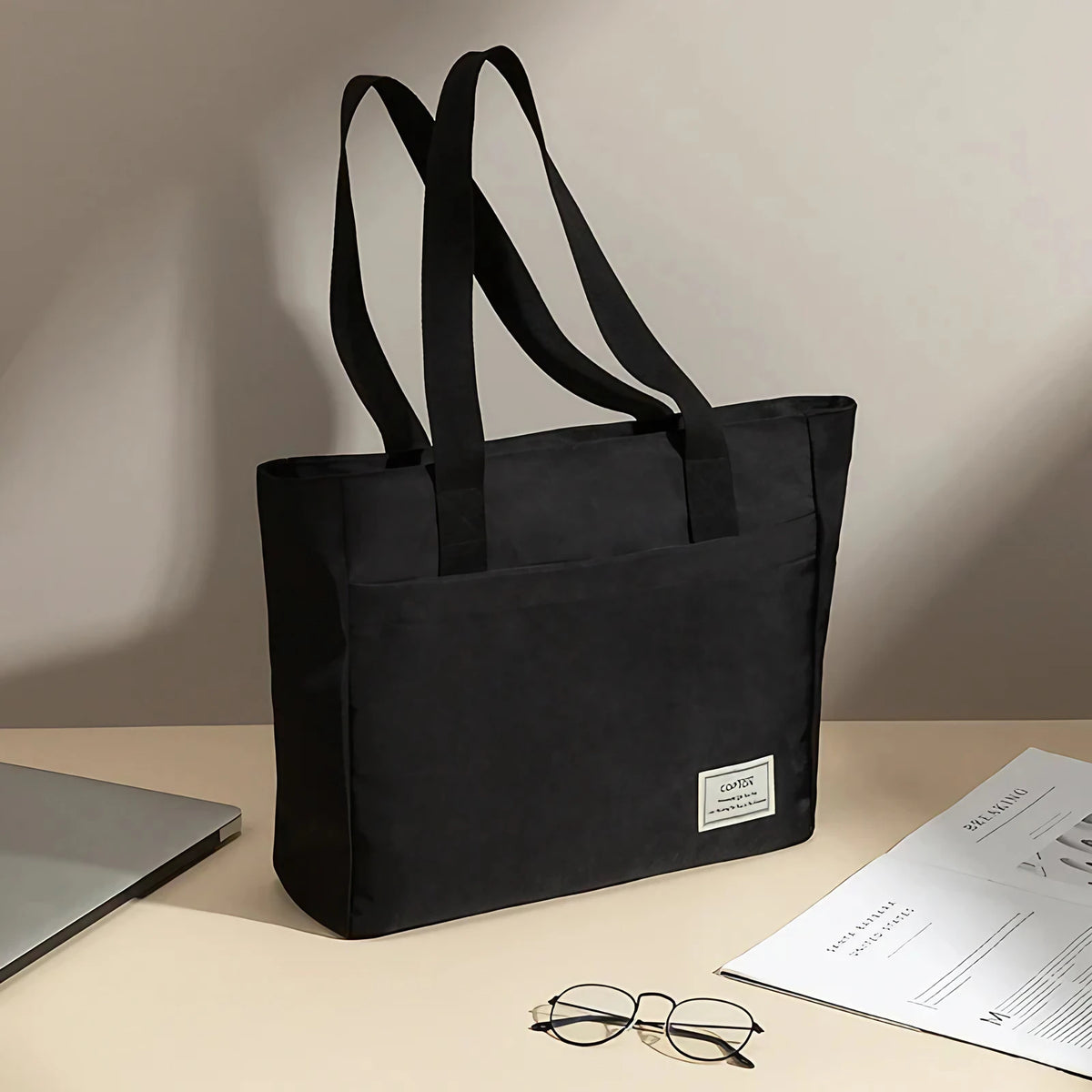 Sac de cours femme en toile, poche ordinateur matelassée, noir
