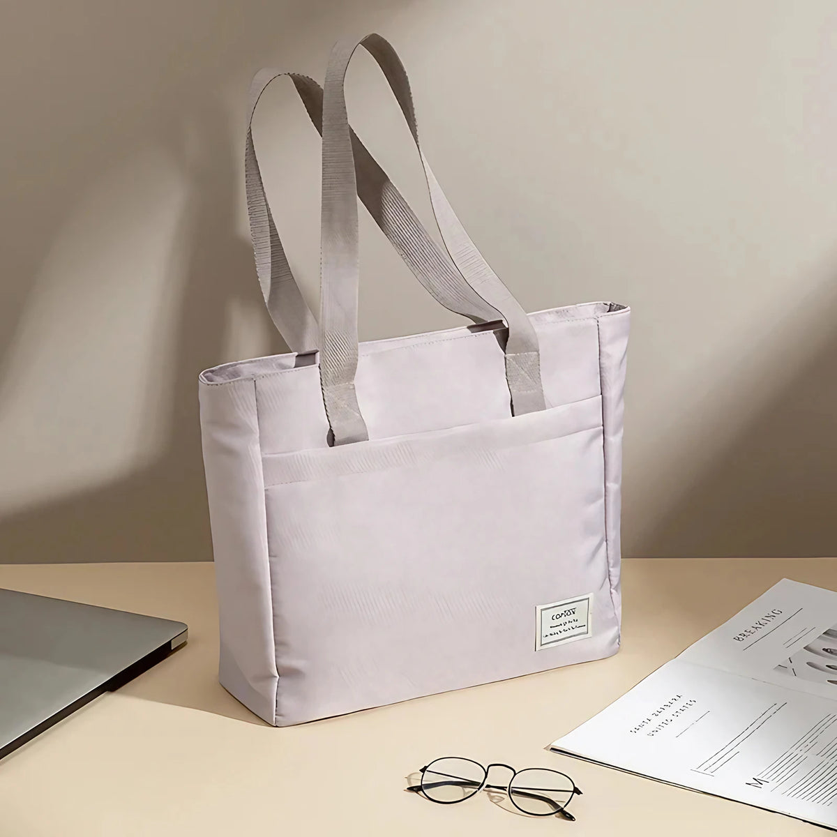 Sac de cours femme en toile, poche ordinateur matelassée, rose pâle