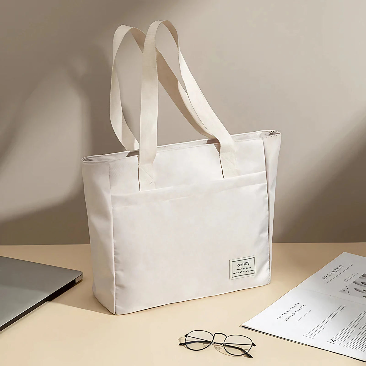 Sac de cours femme en toile, poche ordinateur matelassée, ivoire