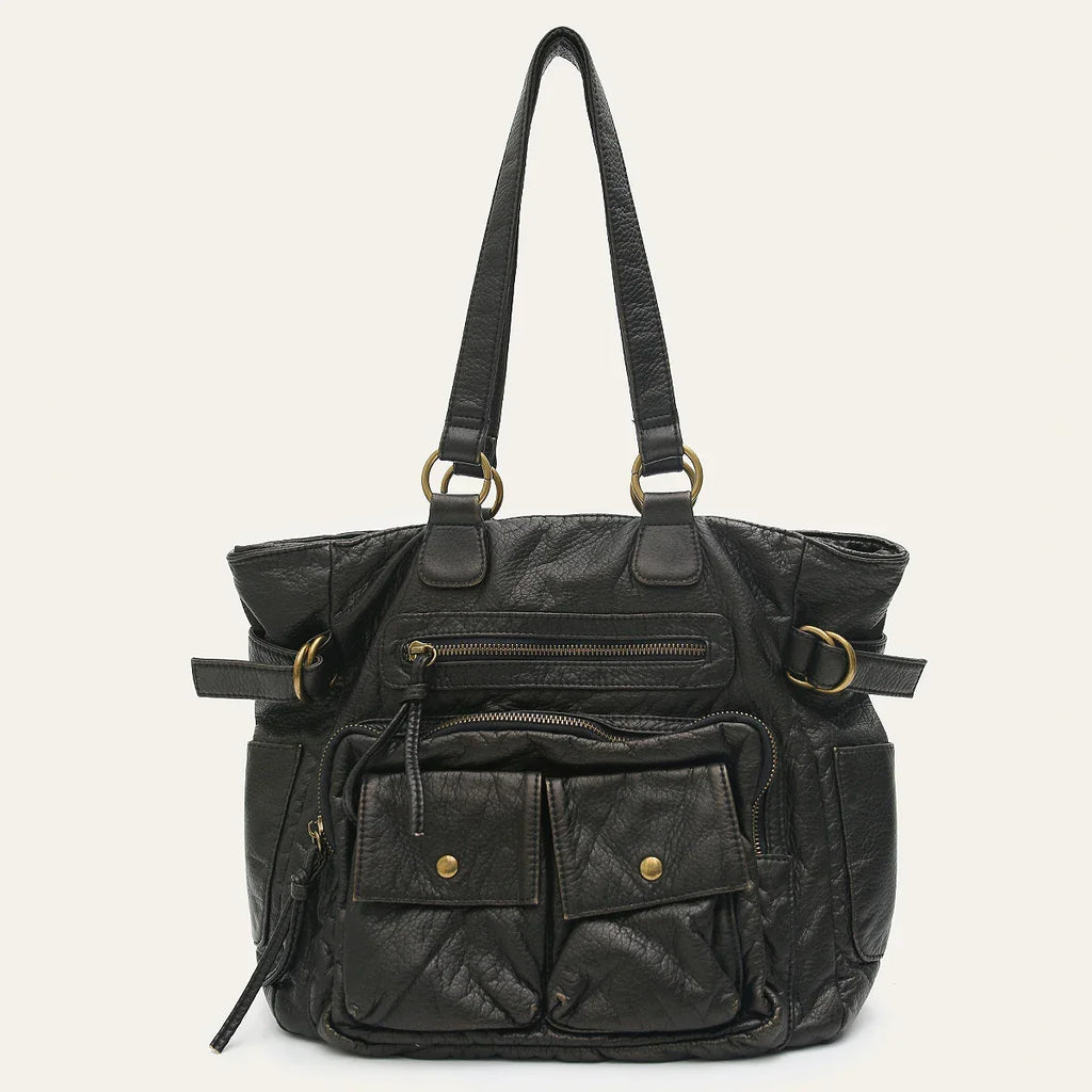 Sac de cours fille en similicuir vieilli, grandes anses, noir et bronze