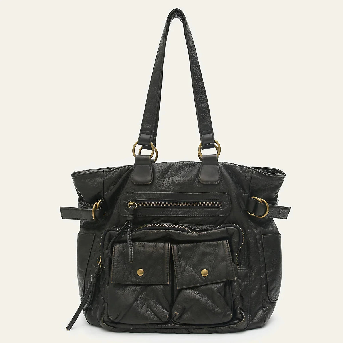 Sac de cours fille en similicuir vieilli, grandes anses, noir et bronze