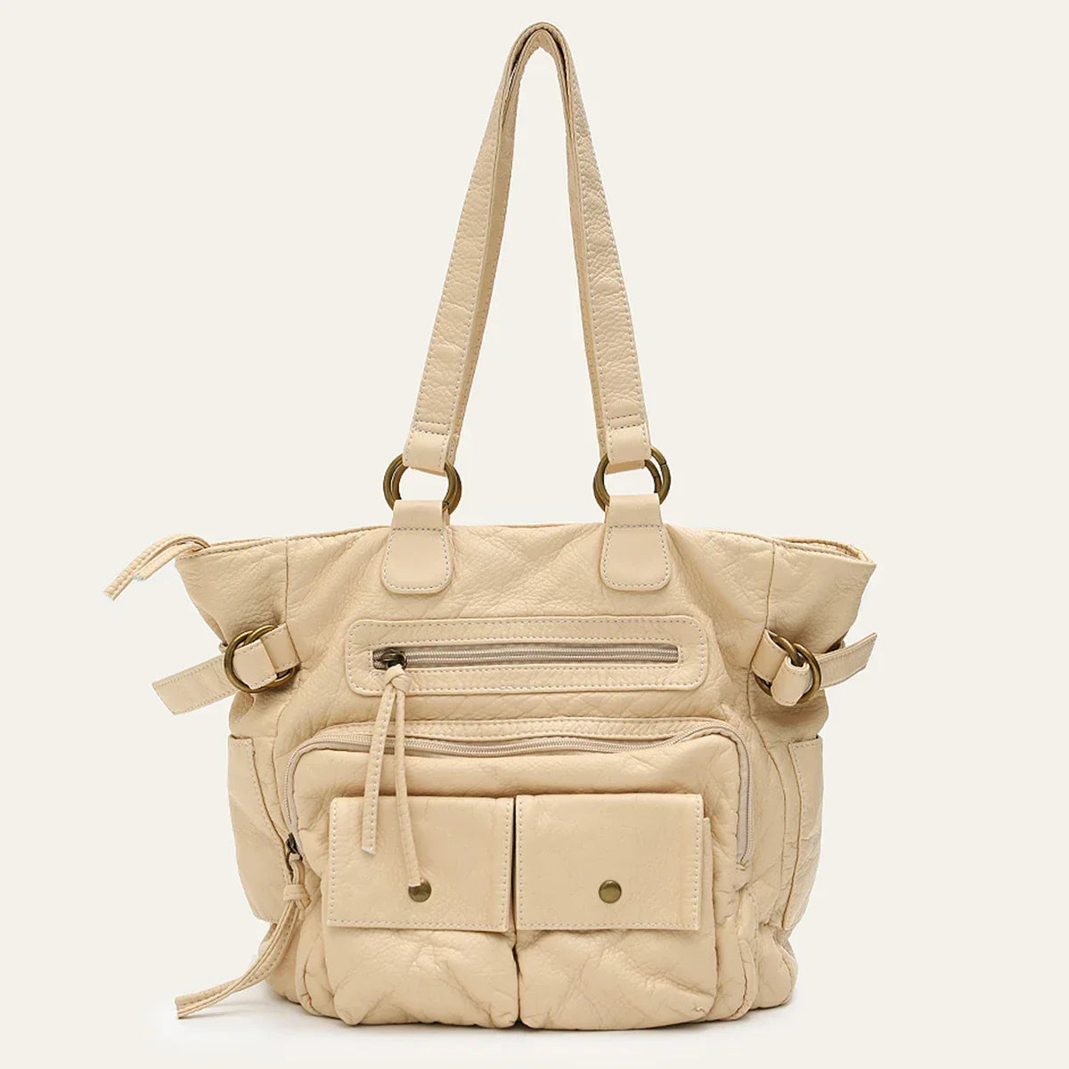 Sac de cours fille en similicuir vieilli, grandes anses, beige