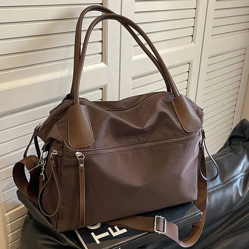 Sac de cours étudiante en nylon imperméable, bandoulière amovible, café
