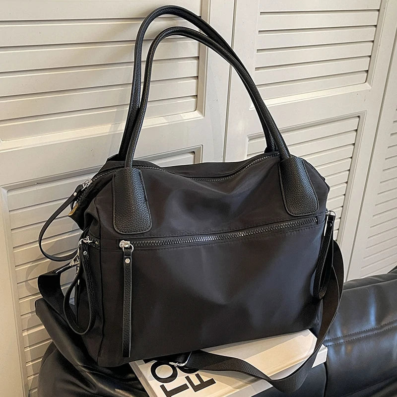Sac de cours étudiante en nylon imperméable, bandoulière amovible, noir