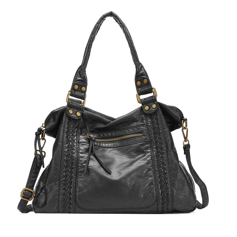 Sac de cours femme vintage en similicuir à détails tressés, noir