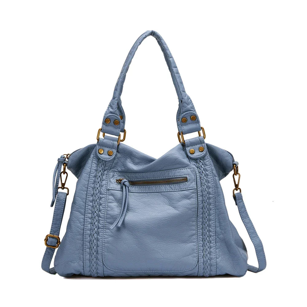 Sac de cours femme vintage en similicuir à détails tressés, bleu