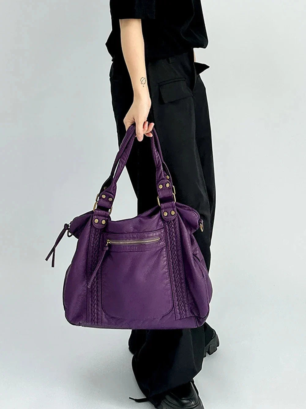 Sac de cours femme vintage en similicuir à détails tressés