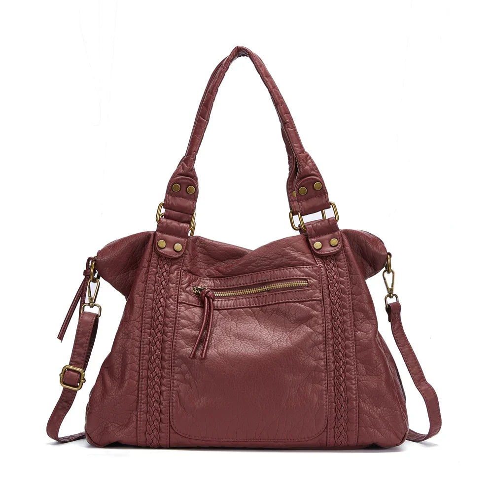 Sac de cours femme vintage en similicuir à détails tressés, bordeaux