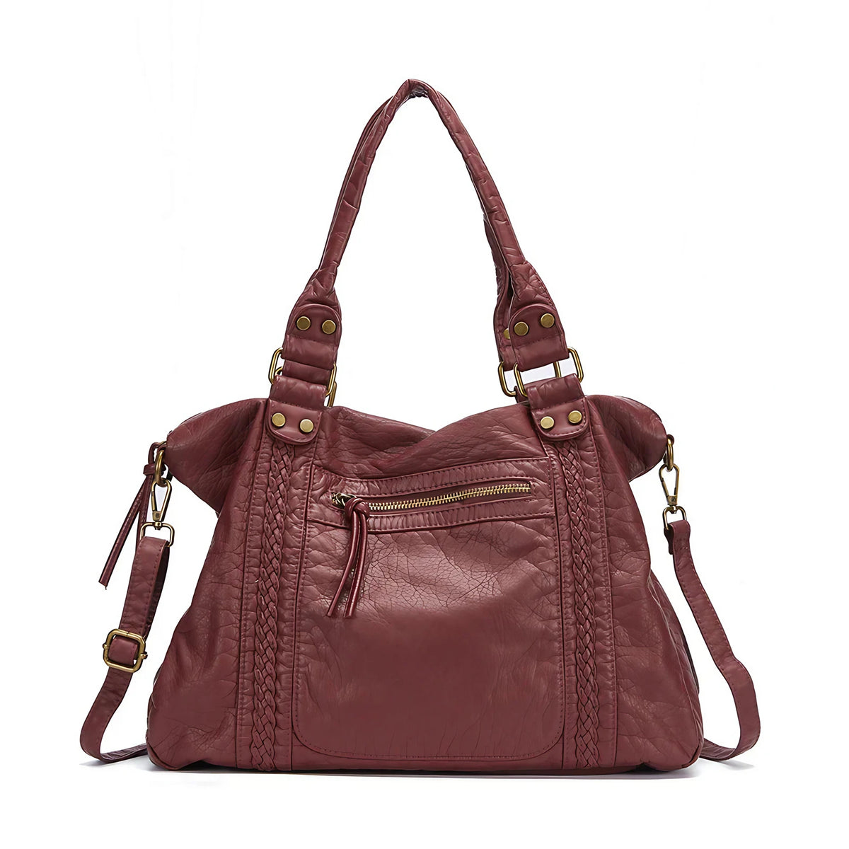 Sac de cours femme vintage en similicuir à détails tressés, bordeaux