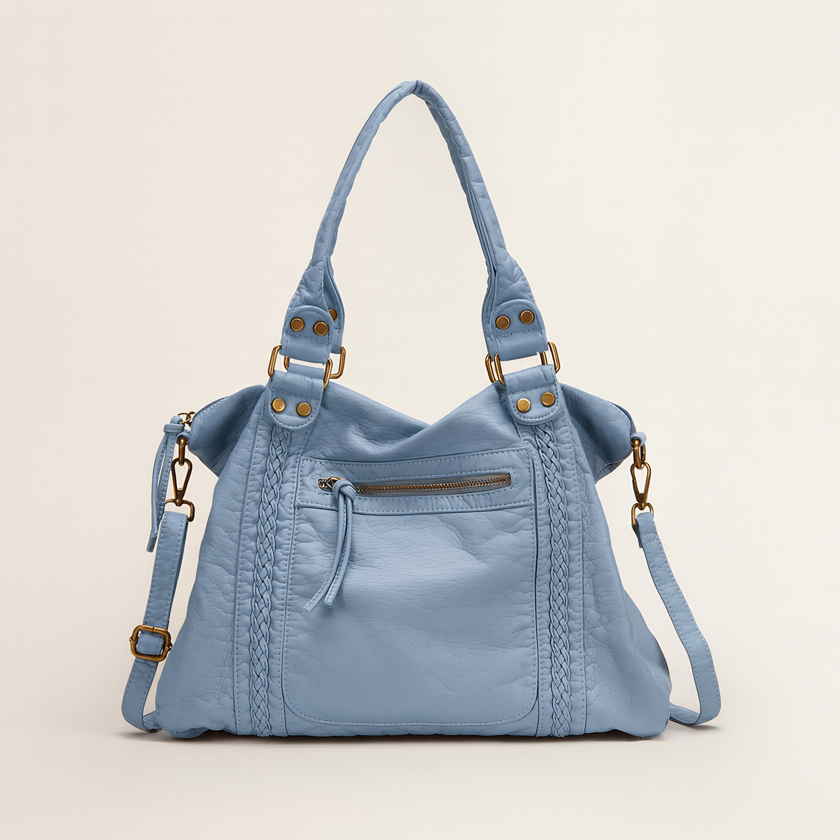 Sac hobo femme vintage en similicuir vieilli, bandoulière amovible, bleu