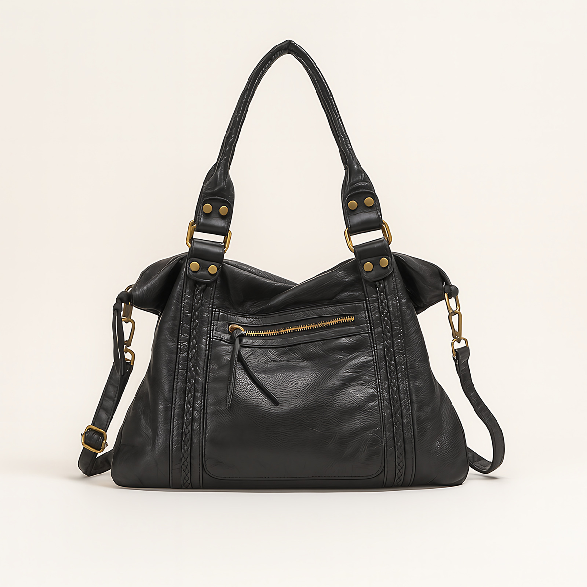 Sac hobo femme vintage en similicuir vieilli, bandoulière amovible, noir