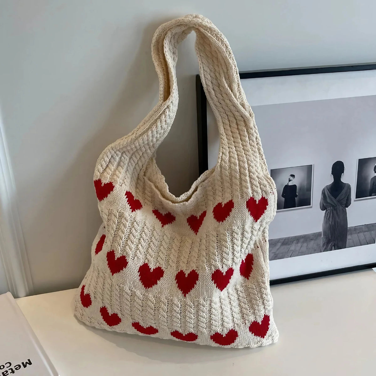 Sac de plage femme en crochet à motif cœur, 35 x 31 cm