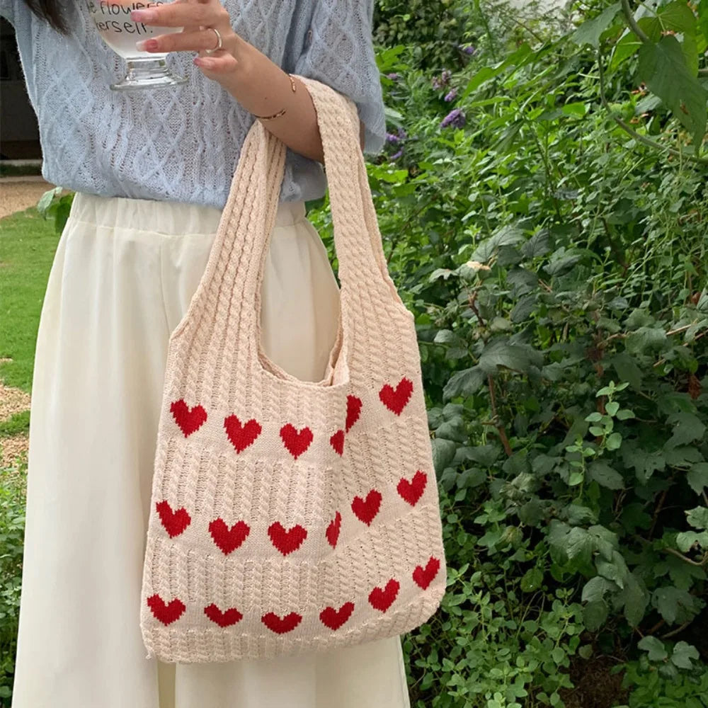 Sac de plage femme en crochet à motif cœur, 35 x 31 cm