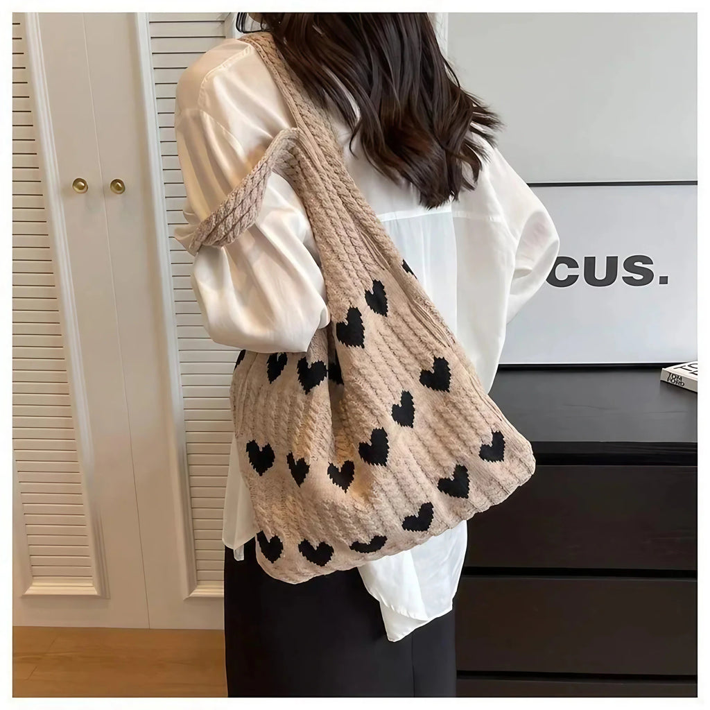 Sac de plage femme en crochet à motif cœur, 35 x 31 cm, beige