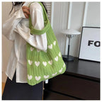 Sac de plage femme en crochet à motif cœur, 35 x 31 cm, vert