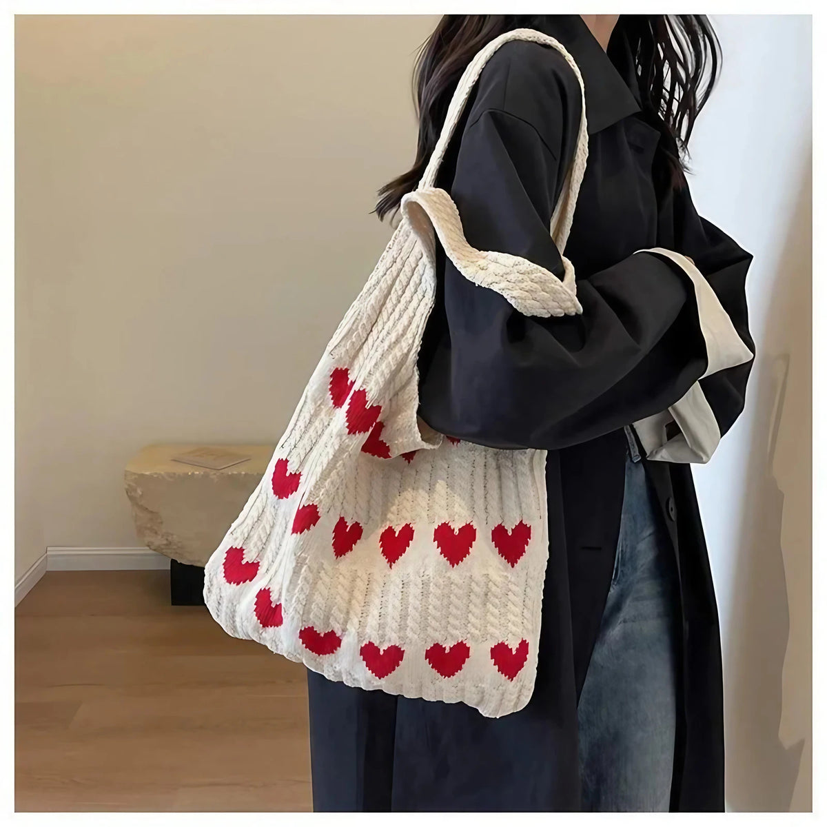 Sac de plage femme en crochet à motif cœur, 35 x 31 cm, blanc