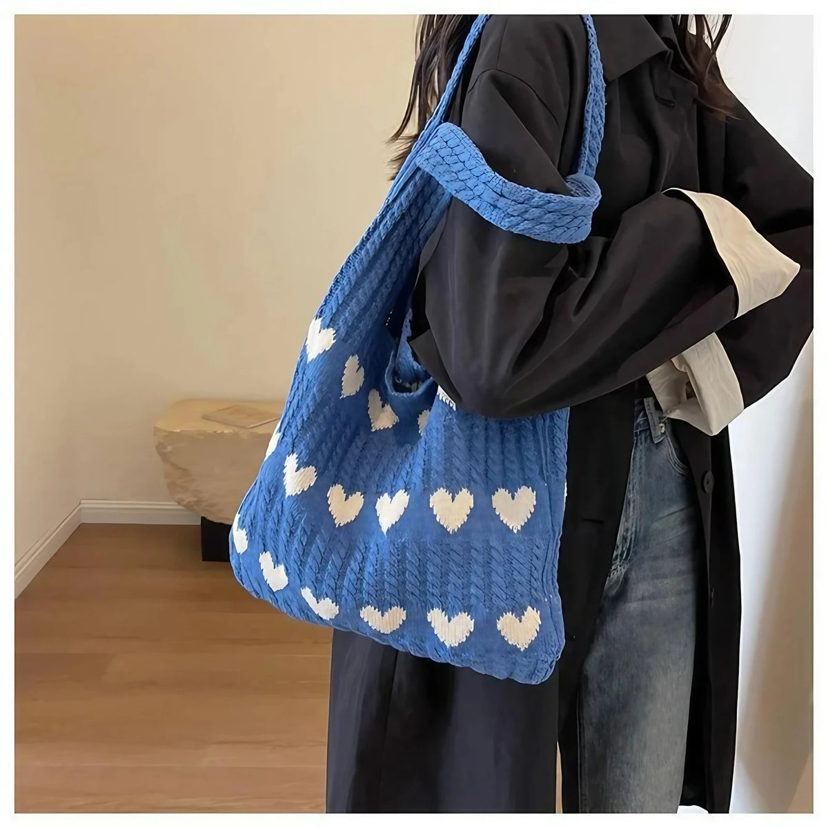 Sac de plage femme en crochet à motif cœur, 35 x 31 cm, bleu