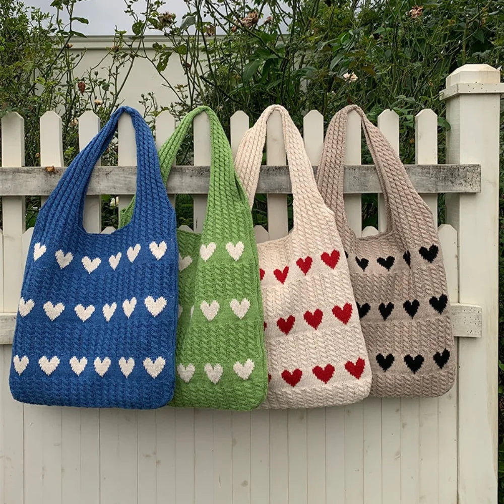 Sac de plage femme en crochet à motif cœur, 35 x 31 cm