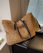 Sac de plage en paille tressée femme, fermeture éclair, 42 x 36 cm