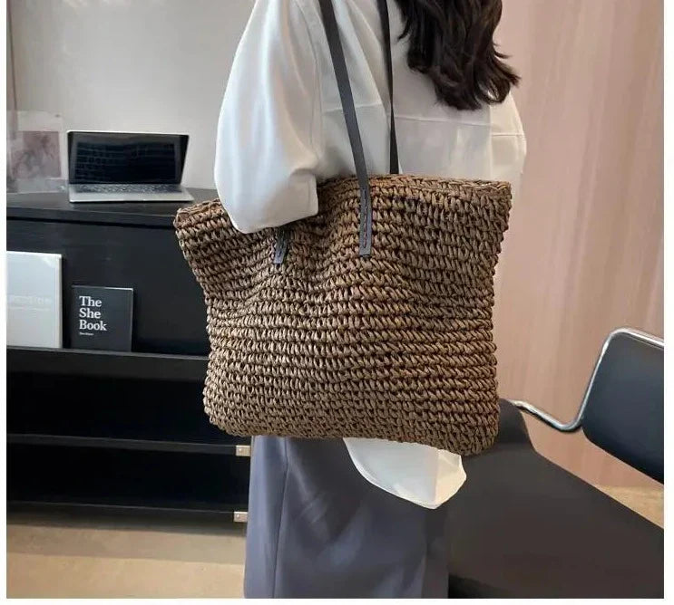 Sac de plage en paille tressée femme, fermeture éclair, 42 x 36 cm