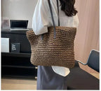 Sac de plage en paille tressée femme, fermeture éclair, 42 x 36 cm