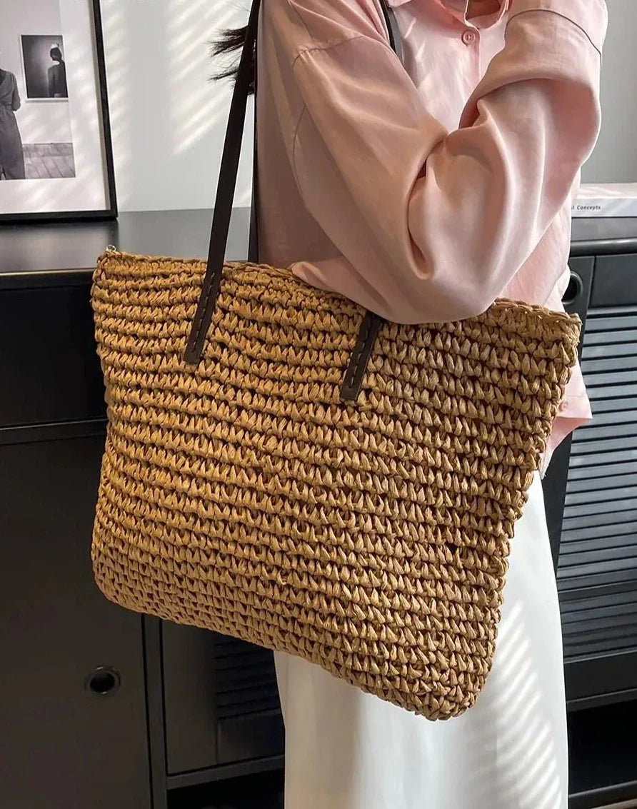 Sac de plage en paille tressée femme, fermeture éclair, 42 x 36 cm