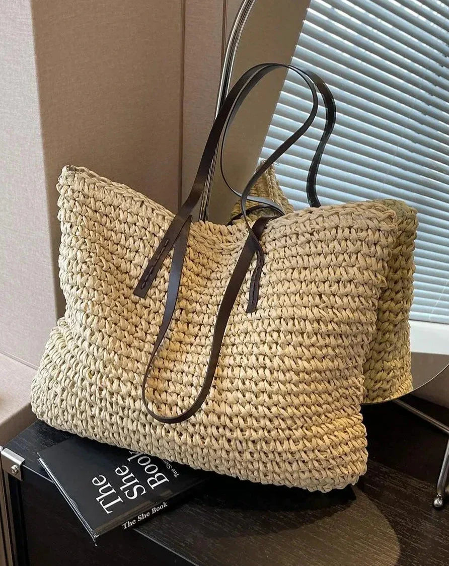 Sac de plage en paille tressée femme, fermeture éclair, 42 x 36 cm